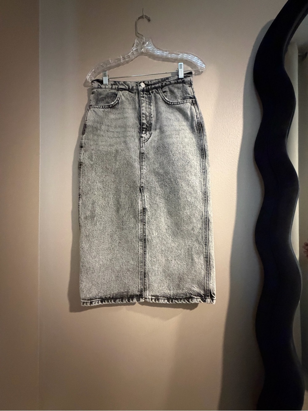 Zara Light Gray Acid-Wash Denim Midi Skirt M